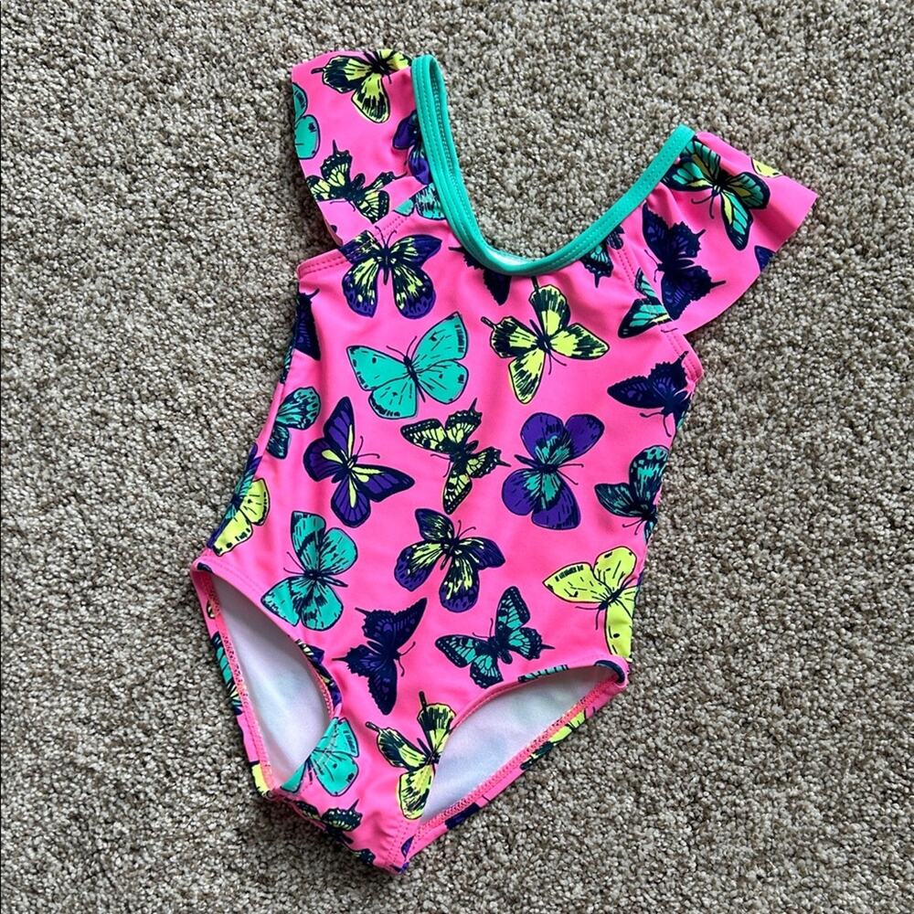 Pink Ruffle Butterfly Print Swimsuit, 18 Months